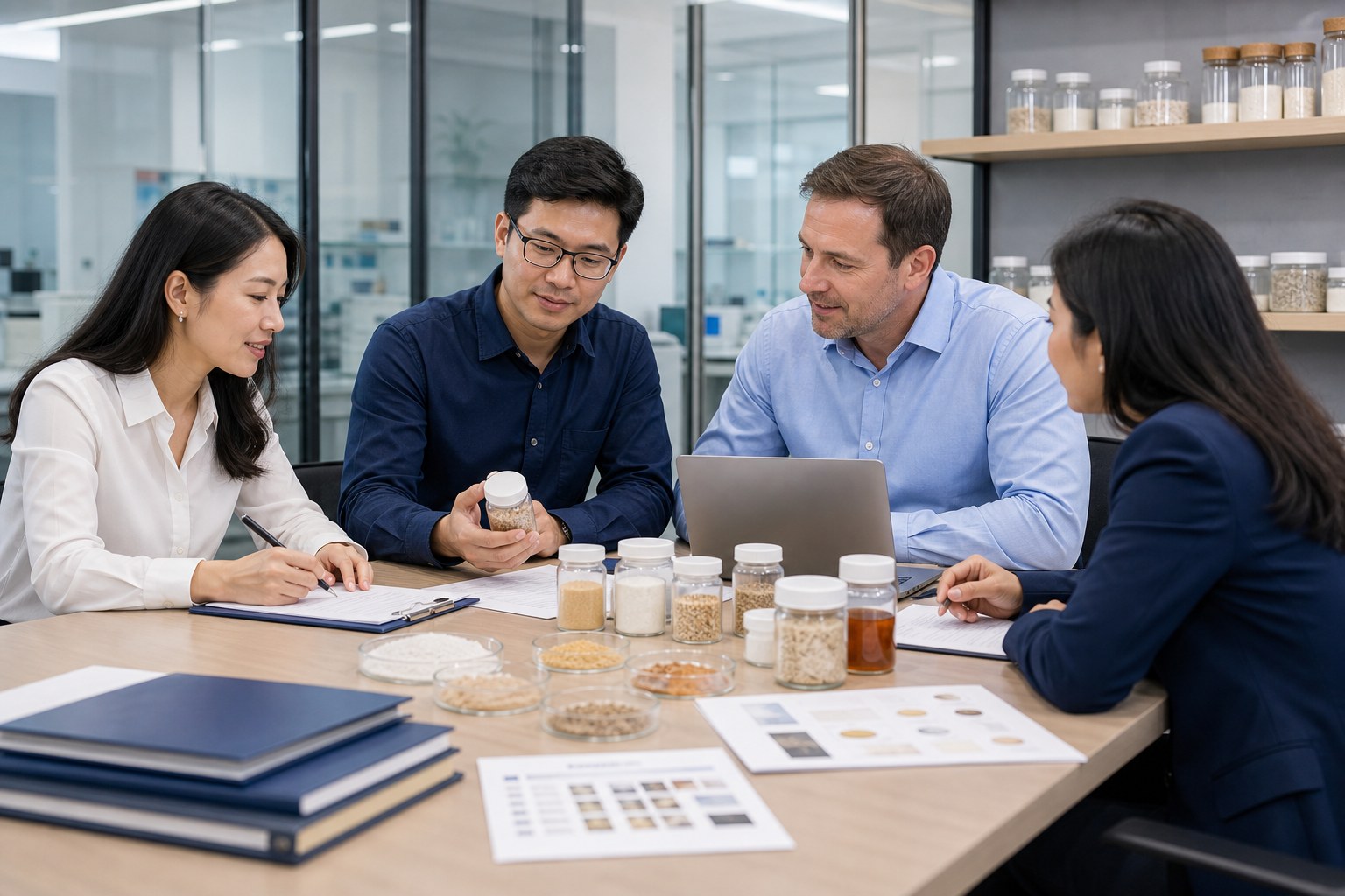 Buyer collaboration meeting for nutraceutical ingredient RFQ review with samples formula notes and documents