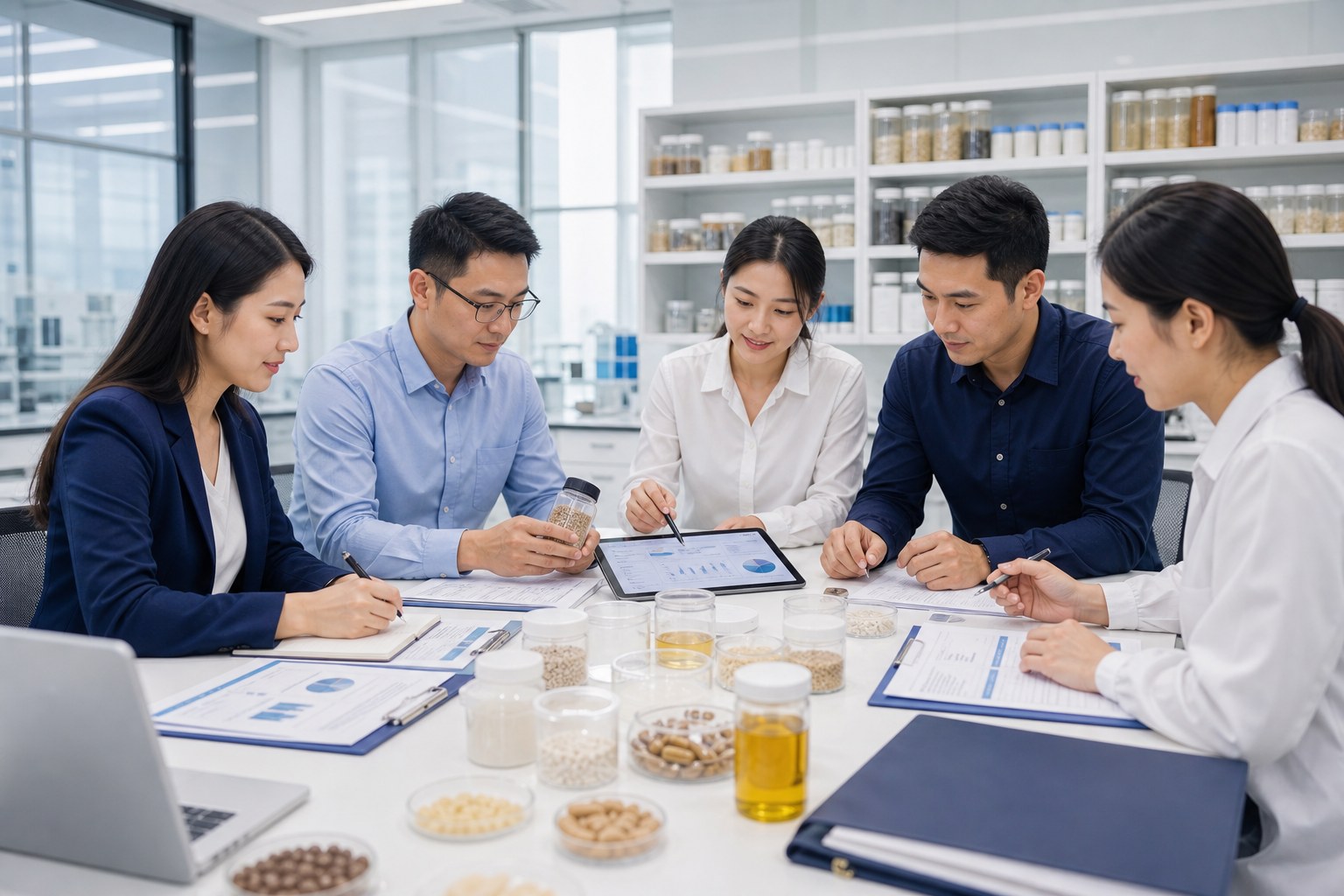 Healtain ingredient sourcing team reviewing nutraceutical samples and batch documents