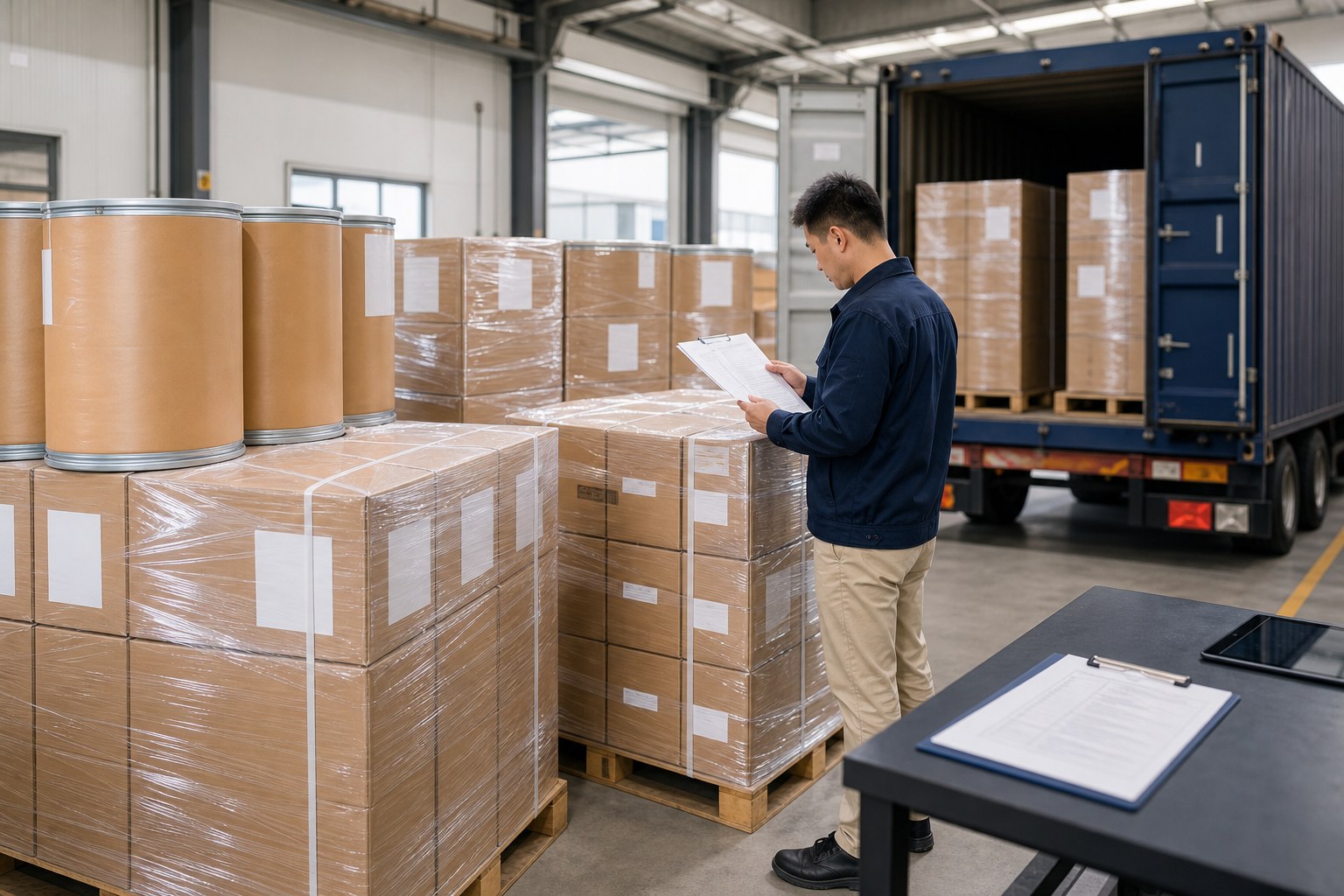 Export-ready nutraceutical ingredient pallets and shipping documents prepared beside a loading container