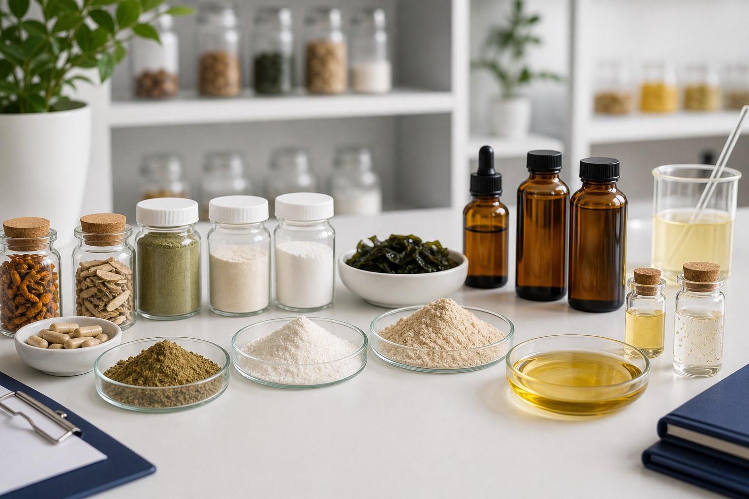 Nutraceutical ingredient range with botanical extract powders functional oils amino acids marine extracts and liposomal samples