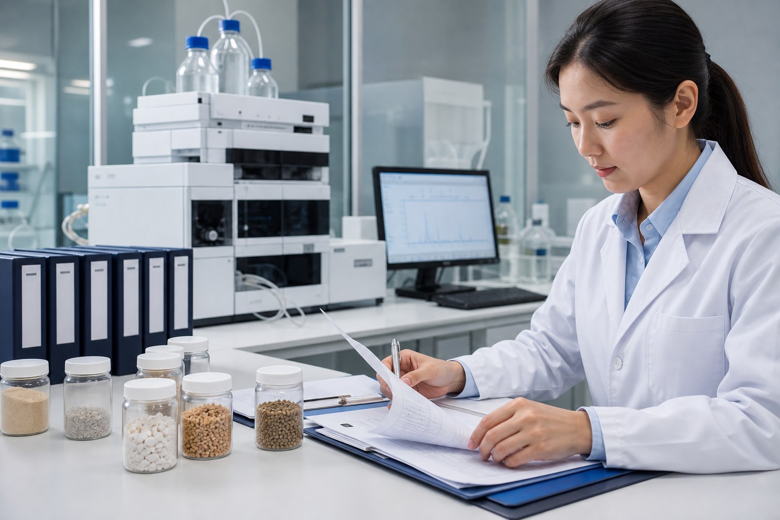 Quality compliance document review with nutraceutical ingredient samples and laboratory testing equipment