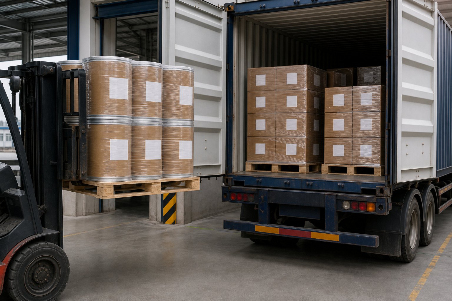 Sealed nutraceutical ingredient pallets loaded into a shipping container for export