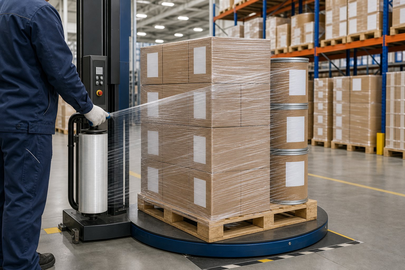 Export-ready nutraceutical ingredient pallet wrapping in warehouse