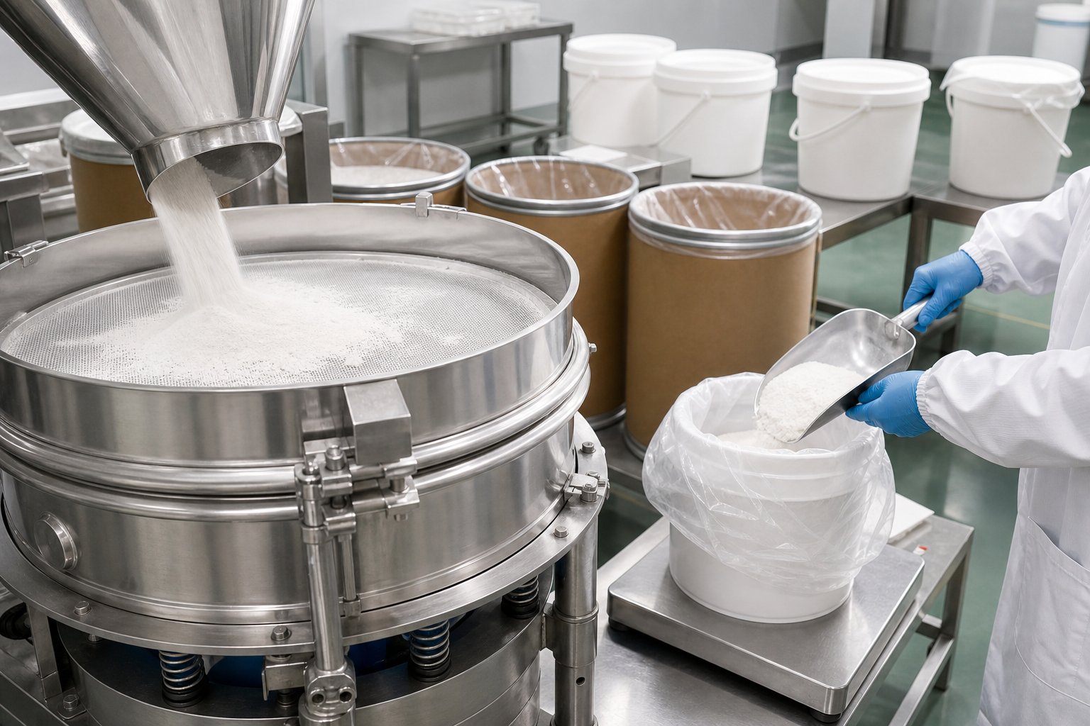 Powder sieving and packing workflow