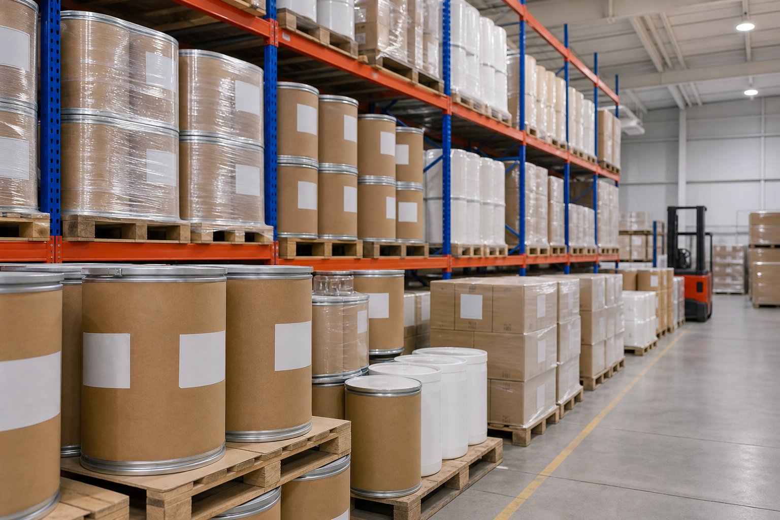 Organized warehouse storage for sealed nutraceutical ingredient drums and cartons
