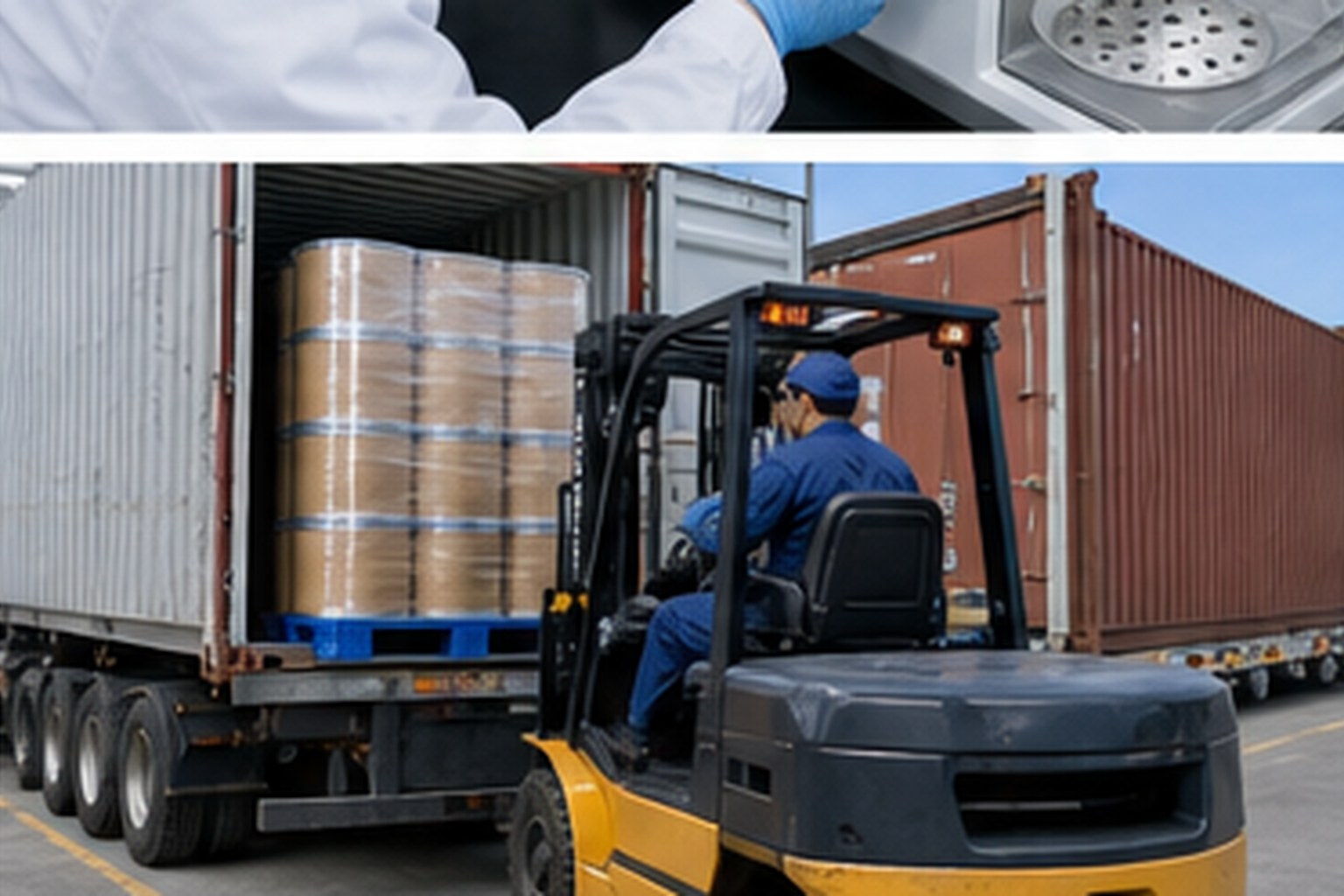 Amino acid and derivative amino acid ingredient pallets loaded into export container