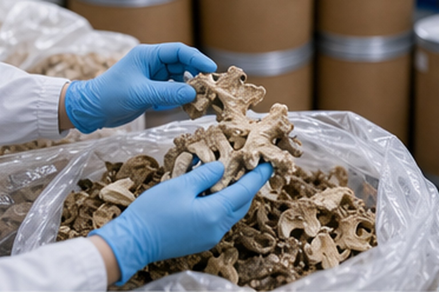 Fungal and fermentation ingredient technician checking fungal raw materials for fermentation ingredient source approval