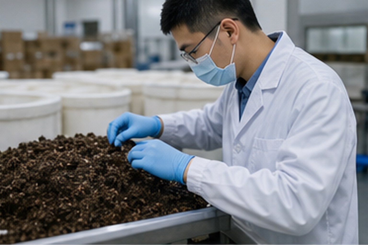 Fungal and fermentation ingredient QC staff inspecting fermented substrate before controlled extraction