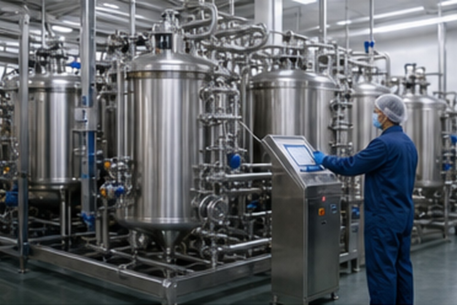 Fungal and fermentation ingredient operator monitoring stainless fermentation vessels in clean workshop