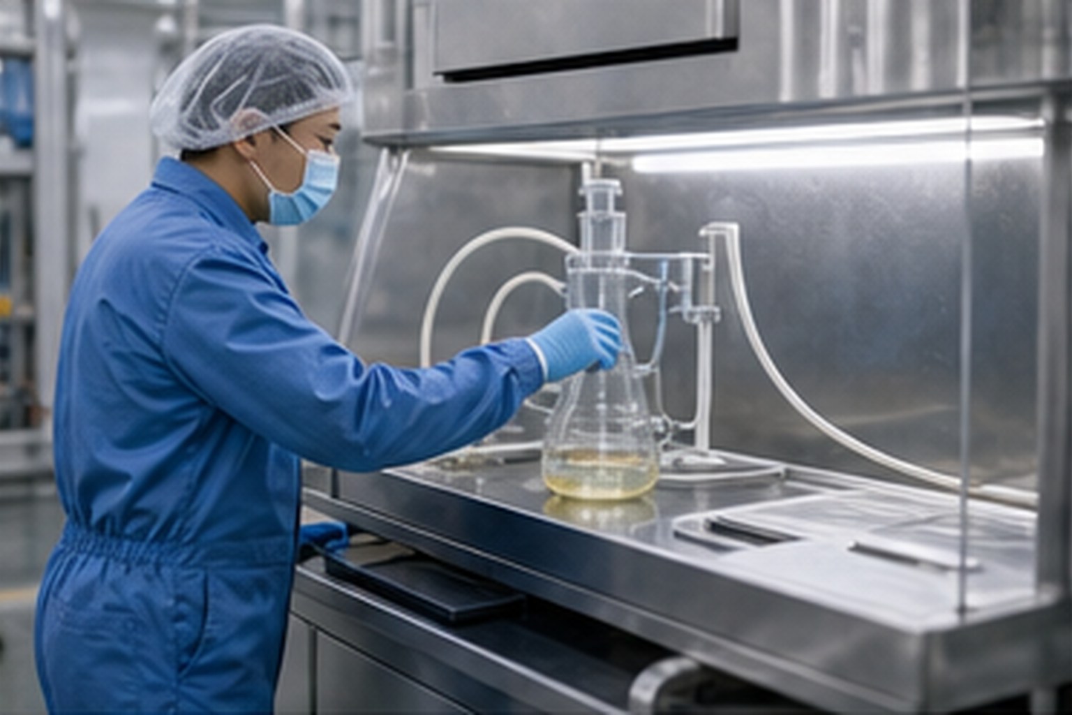 Fungal and fermentation ingredient technician handling fermentation process samples in controlled area