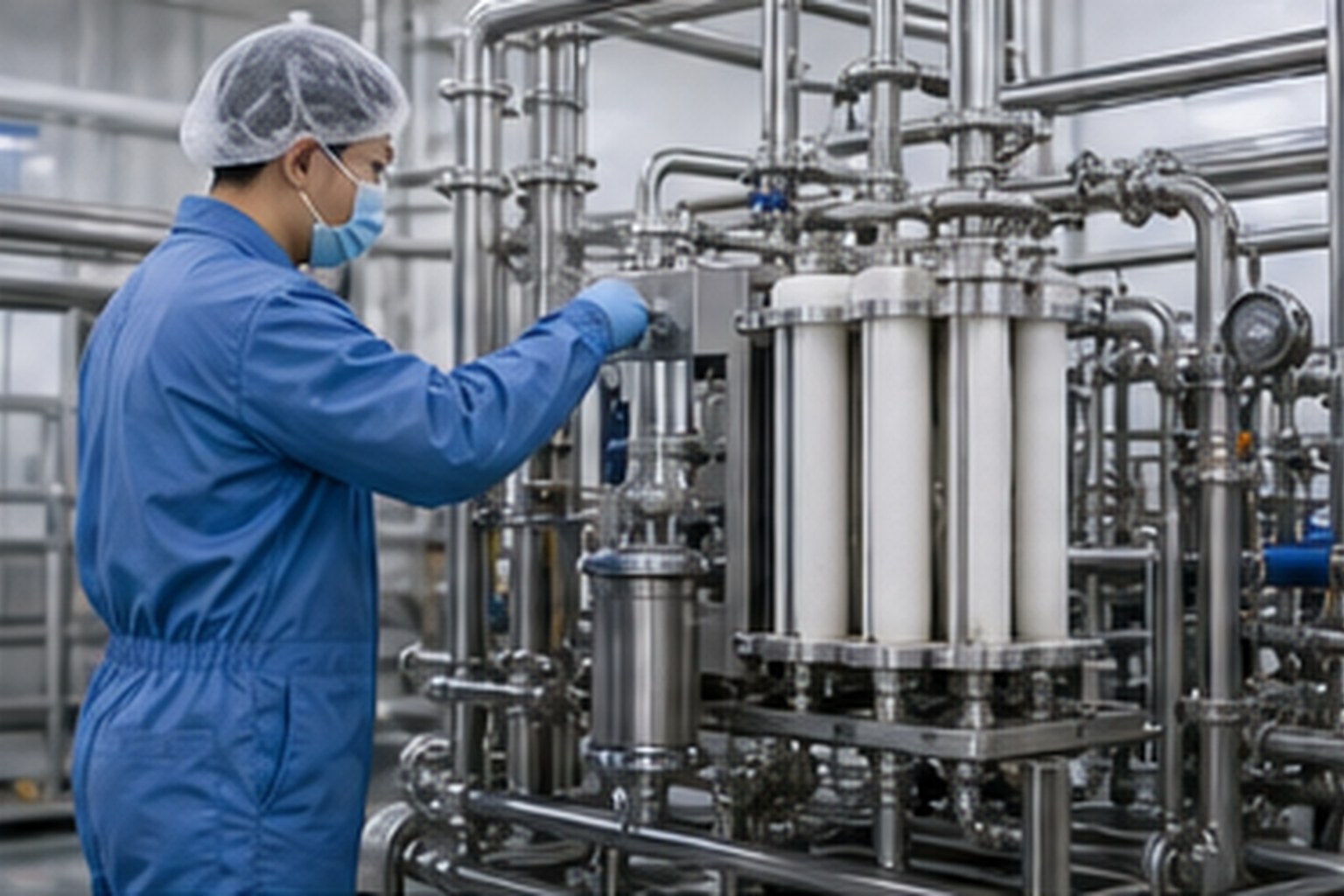 Fungal and fermentation ingredient operator checking fungal extract filtration equipment during processing