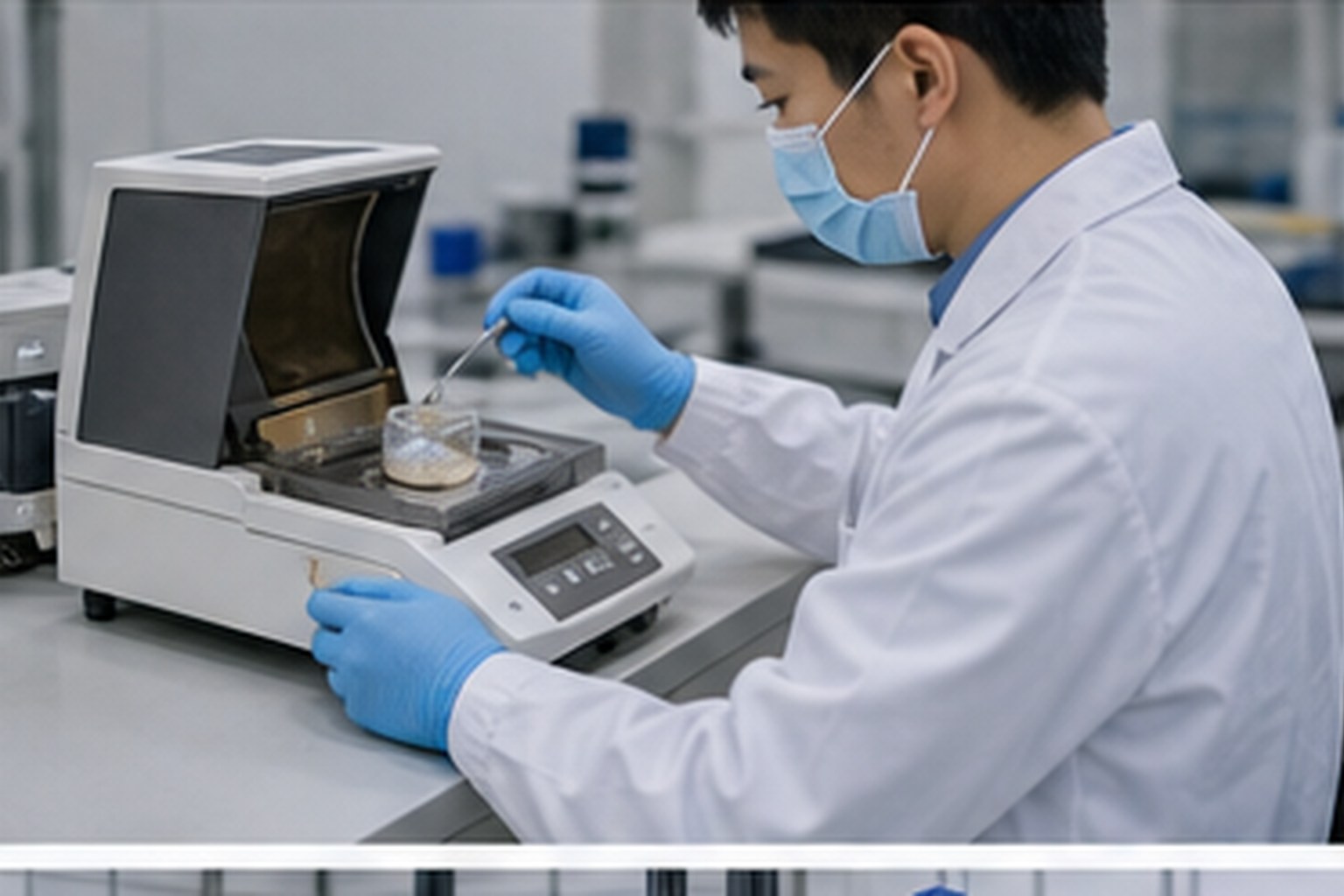 Fungal and fermentation ingredient QC technician checking fermentation powder moisture and mesh before release