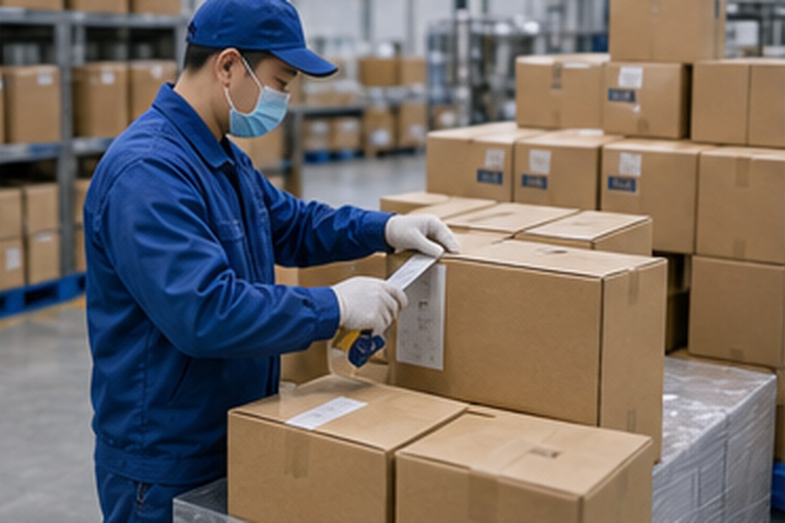 Fungal and fermentation ingredient warehouse operator checking carton labels and export packing records