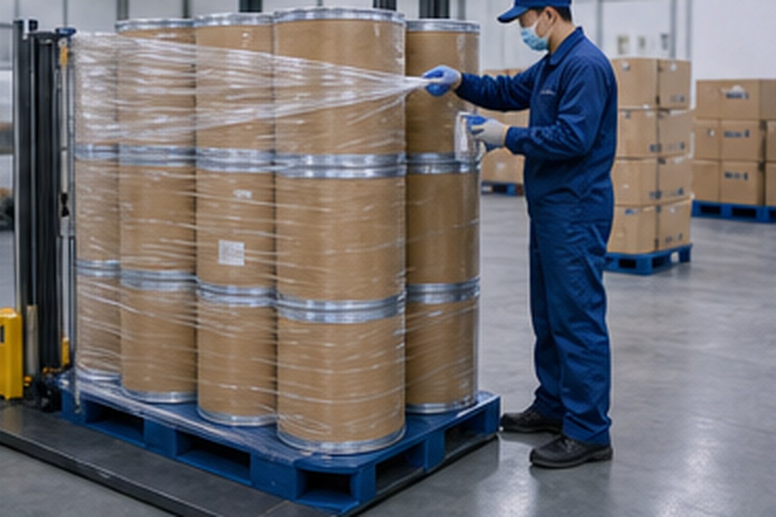 Fungal and fermentation ingredient worker wrapping fermentation ingredient pallets for export shipment
