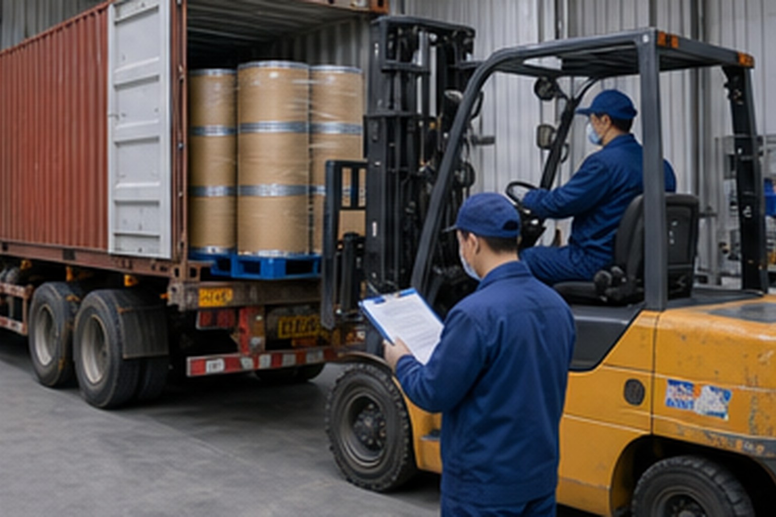 Fungal and fermentation ingredient forklift loading fermentation ingredient pallets into export container