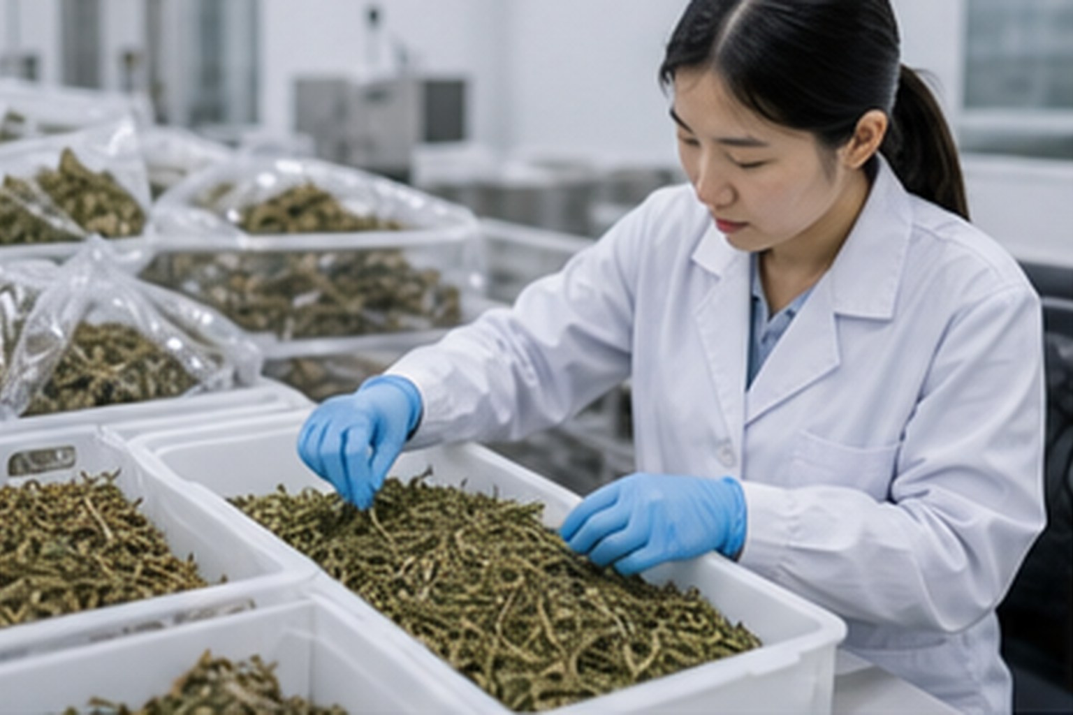 Botanical extract dried botanical raw materials being sorted for plant extract source verification