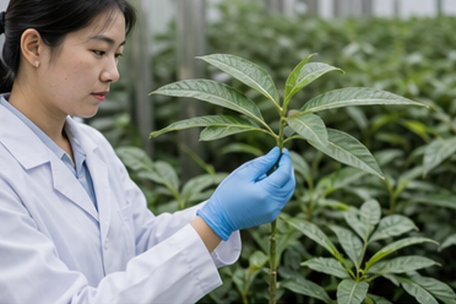 Botanical extract technician checking plant source identity in a controlled botanical sourcing area