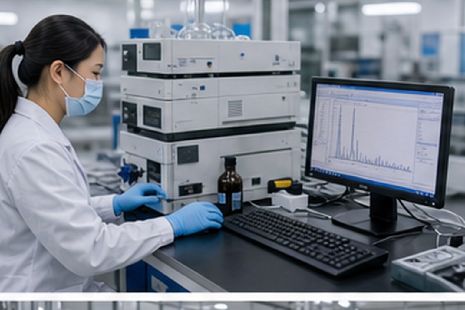 Botanical extract analyst running HPLC active marker testing for botanical extract standardization