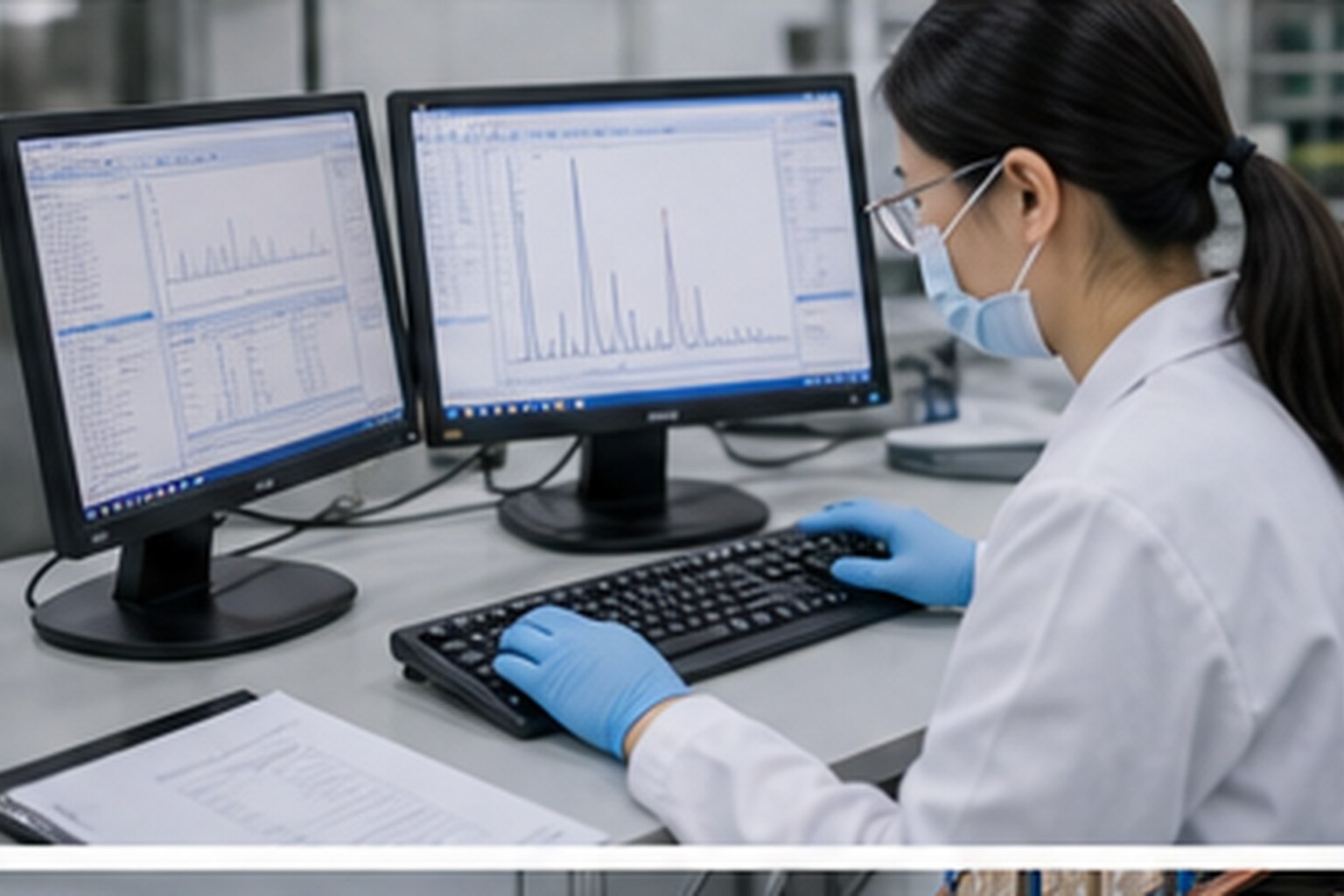 Botanical extract quality analyst reviewing botanical extract test chromatograms