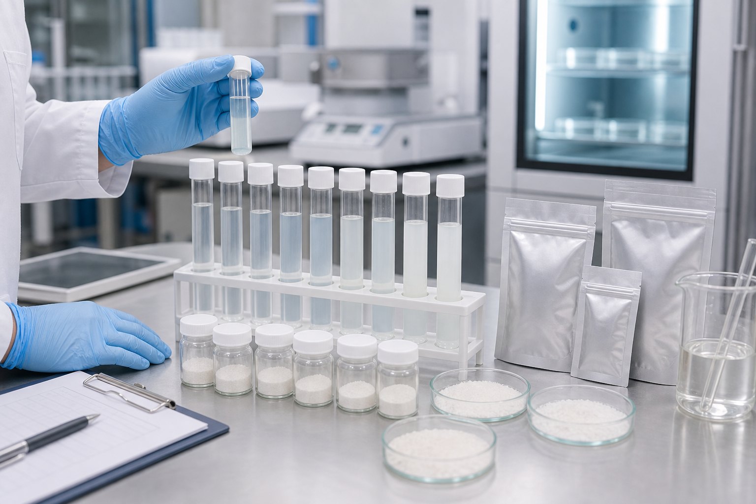 Liposomal ingredient stability and dispersibility testing with sample tubes and pouches