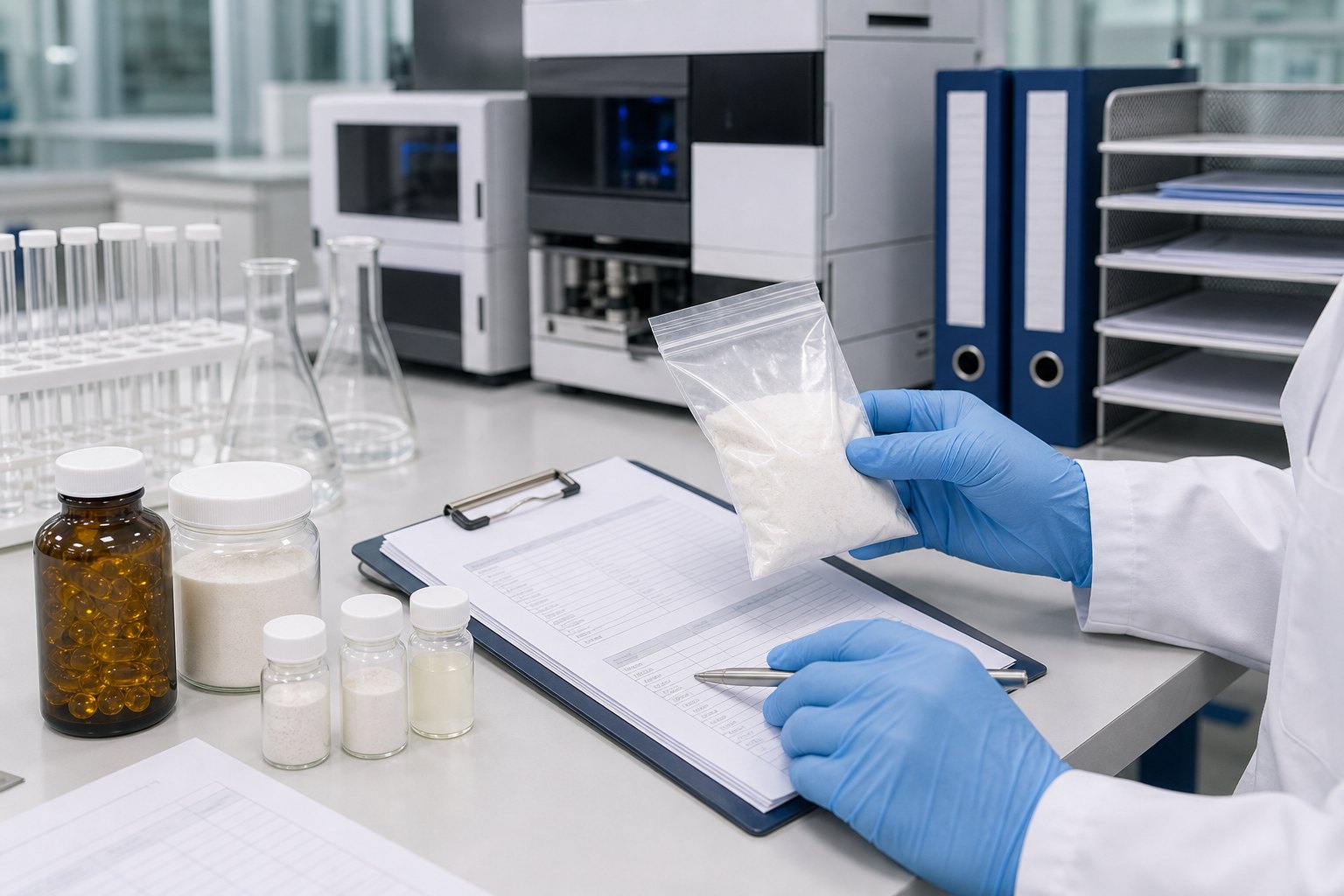 Extracto marino y animal compliance quality-control review with sample jars and documents