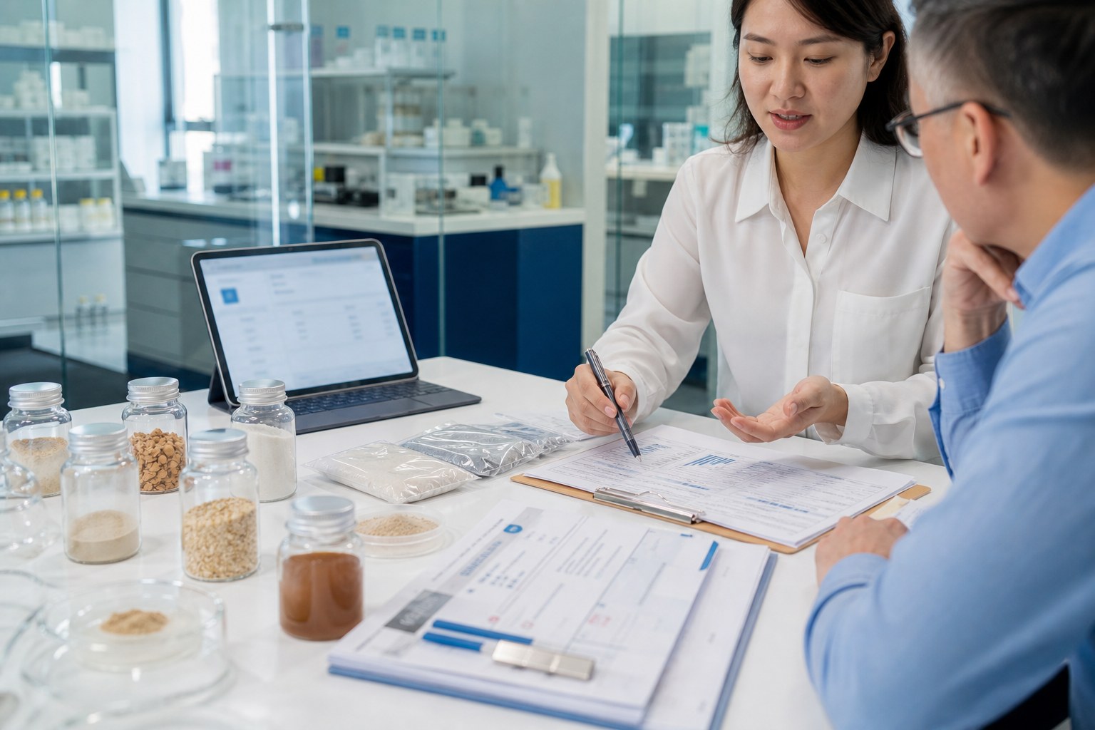 Nutraceutical ingredient buyer feedback meeting with product samples and review documents