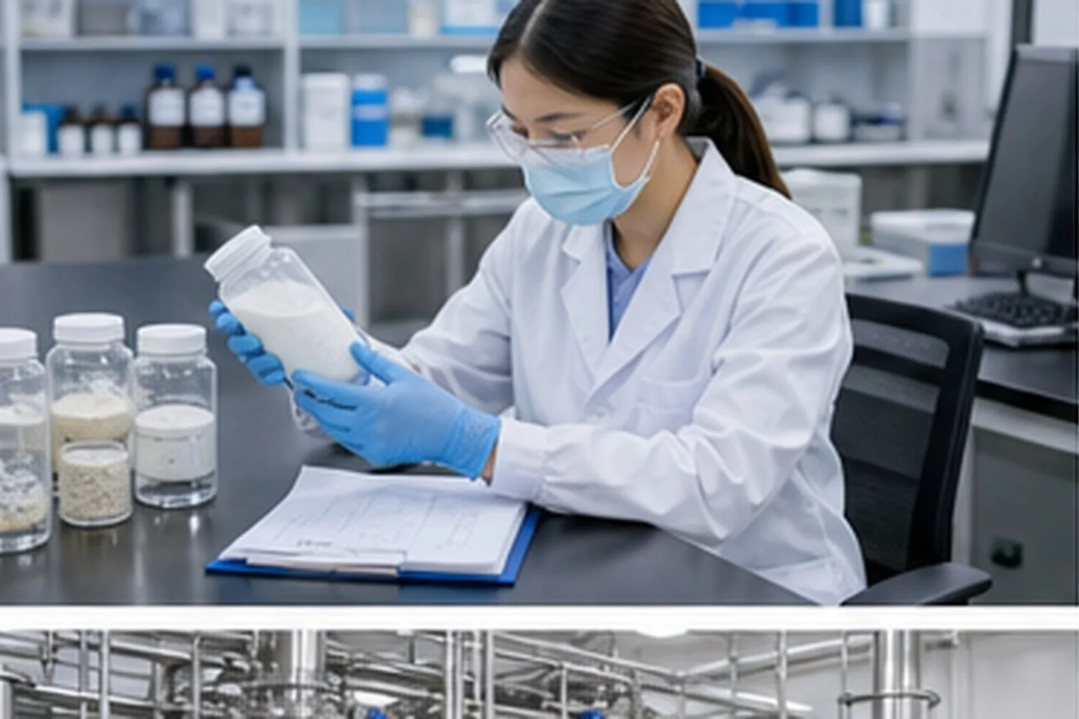 Amino acid and derivative technician checking amino acid assay grade and buyer specification documents