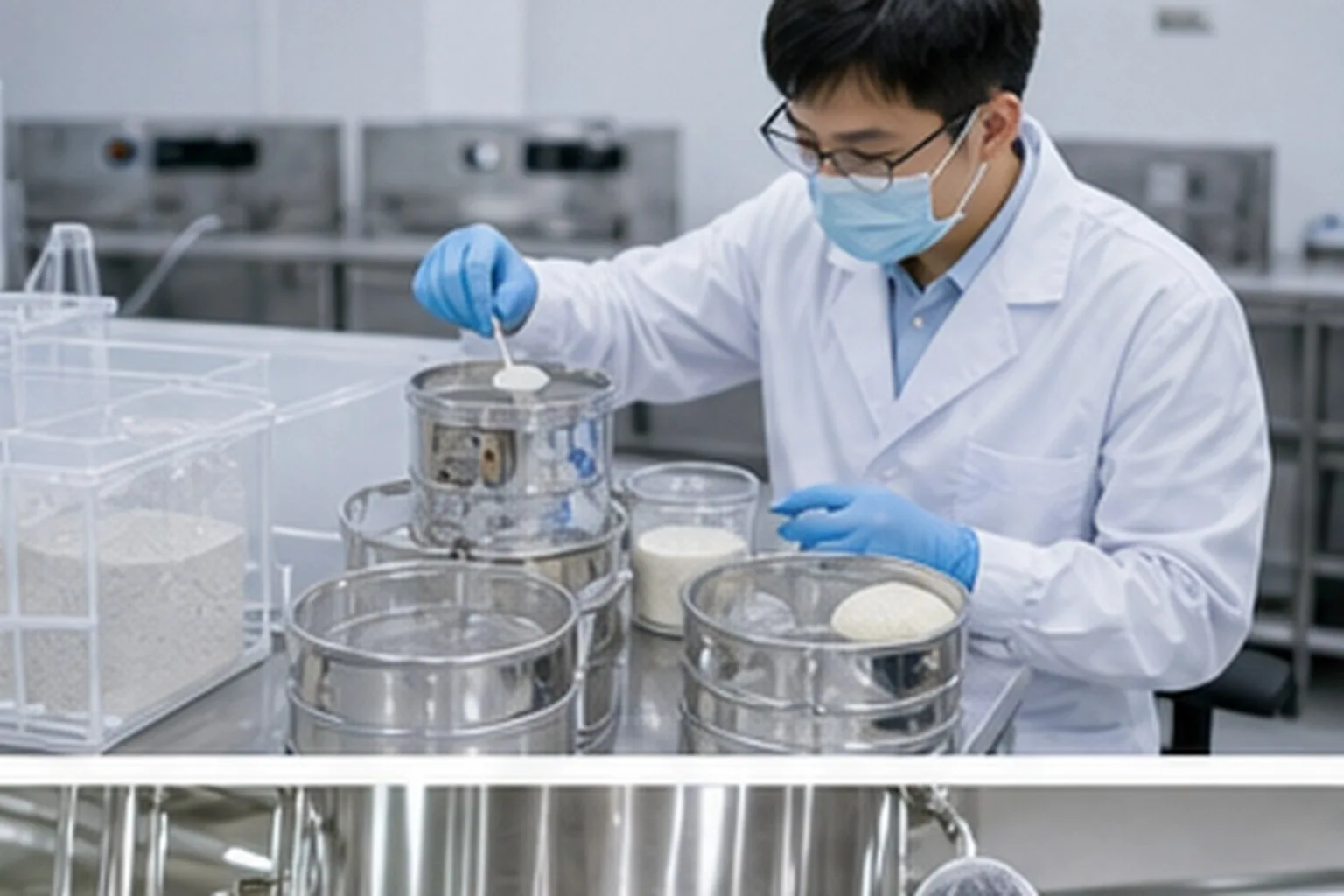 Amino acid and derivative QC staff reviewing amino acid powder mesh size with sieves and samples