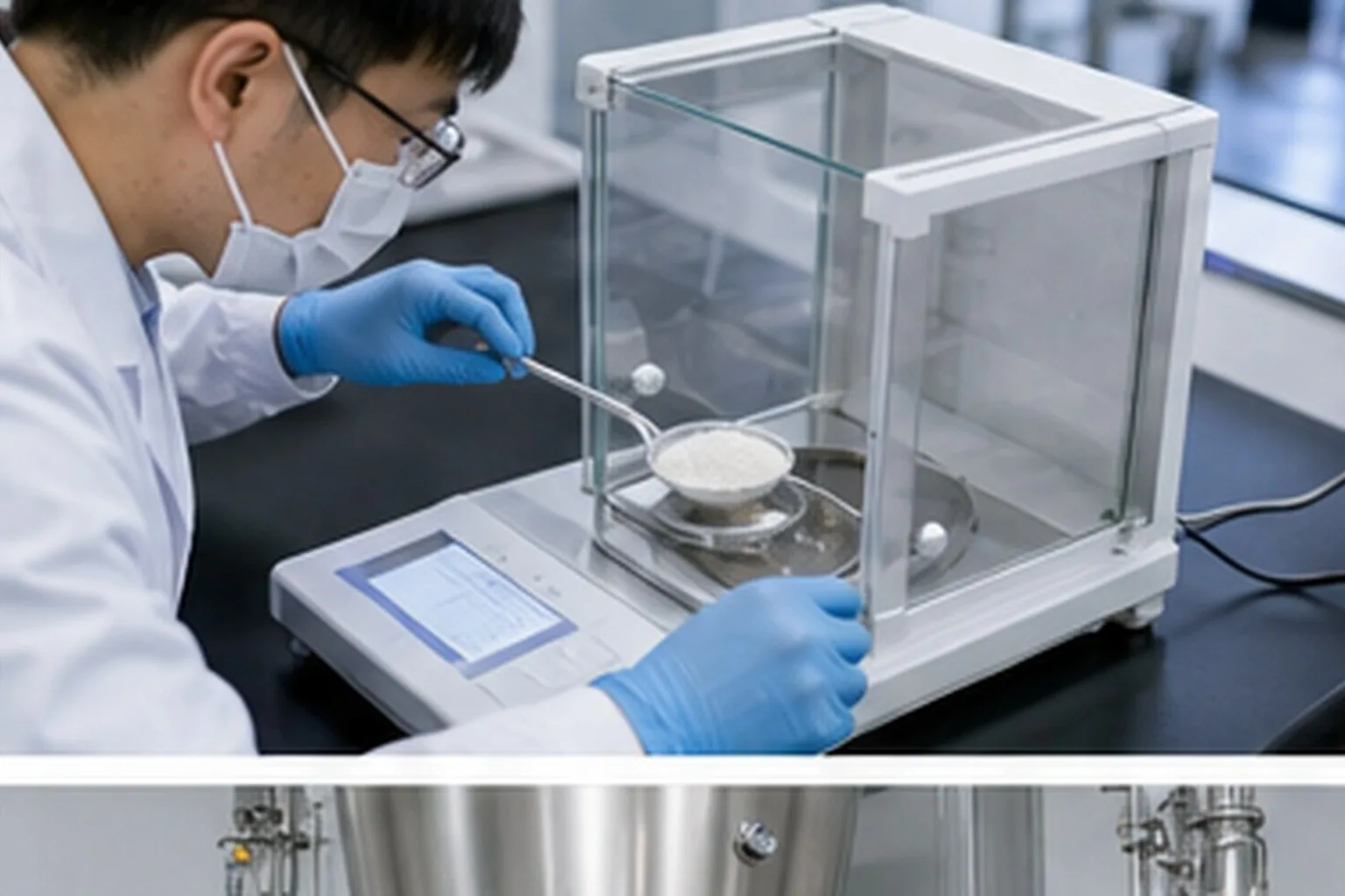 Amino acid and derivative laboratory team checking amino acid solubility and particle size data