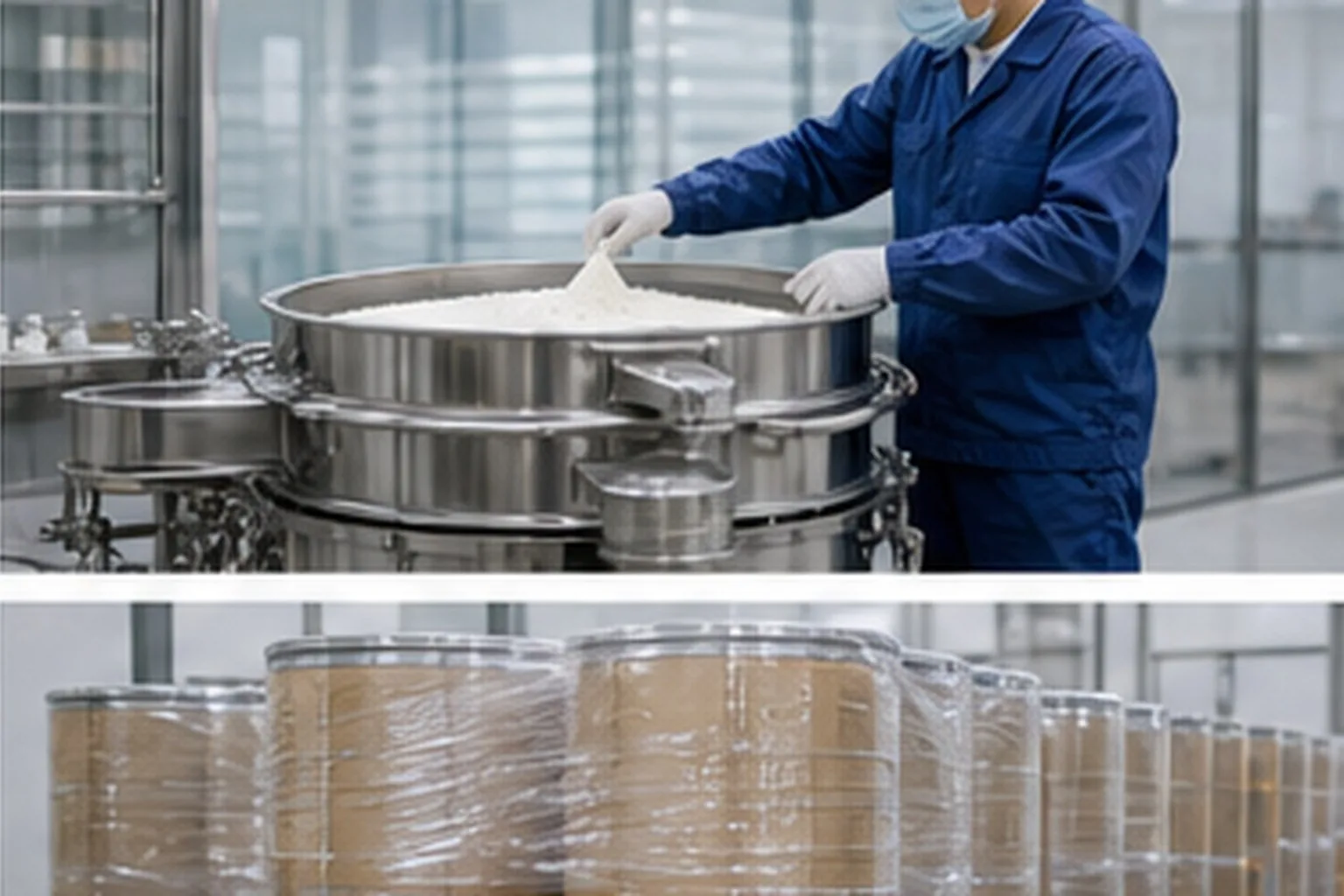 Amino acid and derivative operator filling sealed fiber drums during amino acid powder packing