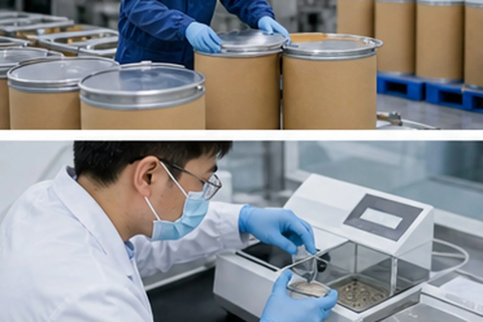 Amino acid and derivative QC technician testing amino acid powder moisture and mesh before release