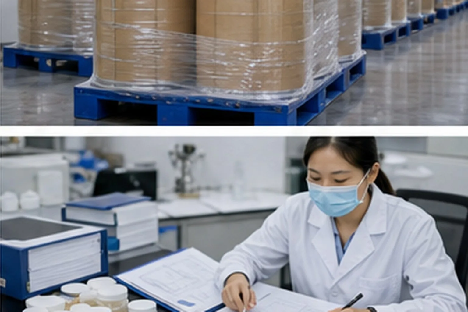 Amino acid and derivative quality staff reviewing amino acid retained samples and batch documents