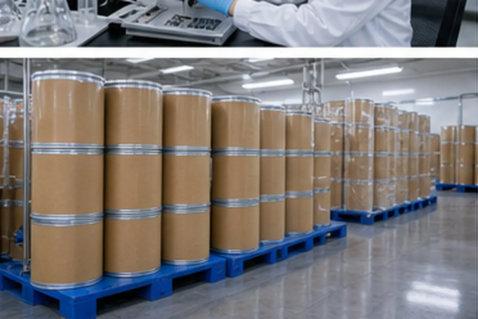 Amino acid and derivative sealed amino acid drums stored on pallets for repeat ingredient orders