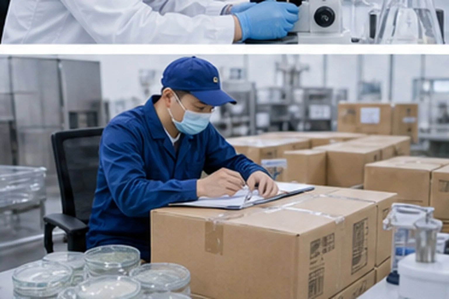 Amino acid and derivative warehouse operator checking amino acid cartons and packing list
