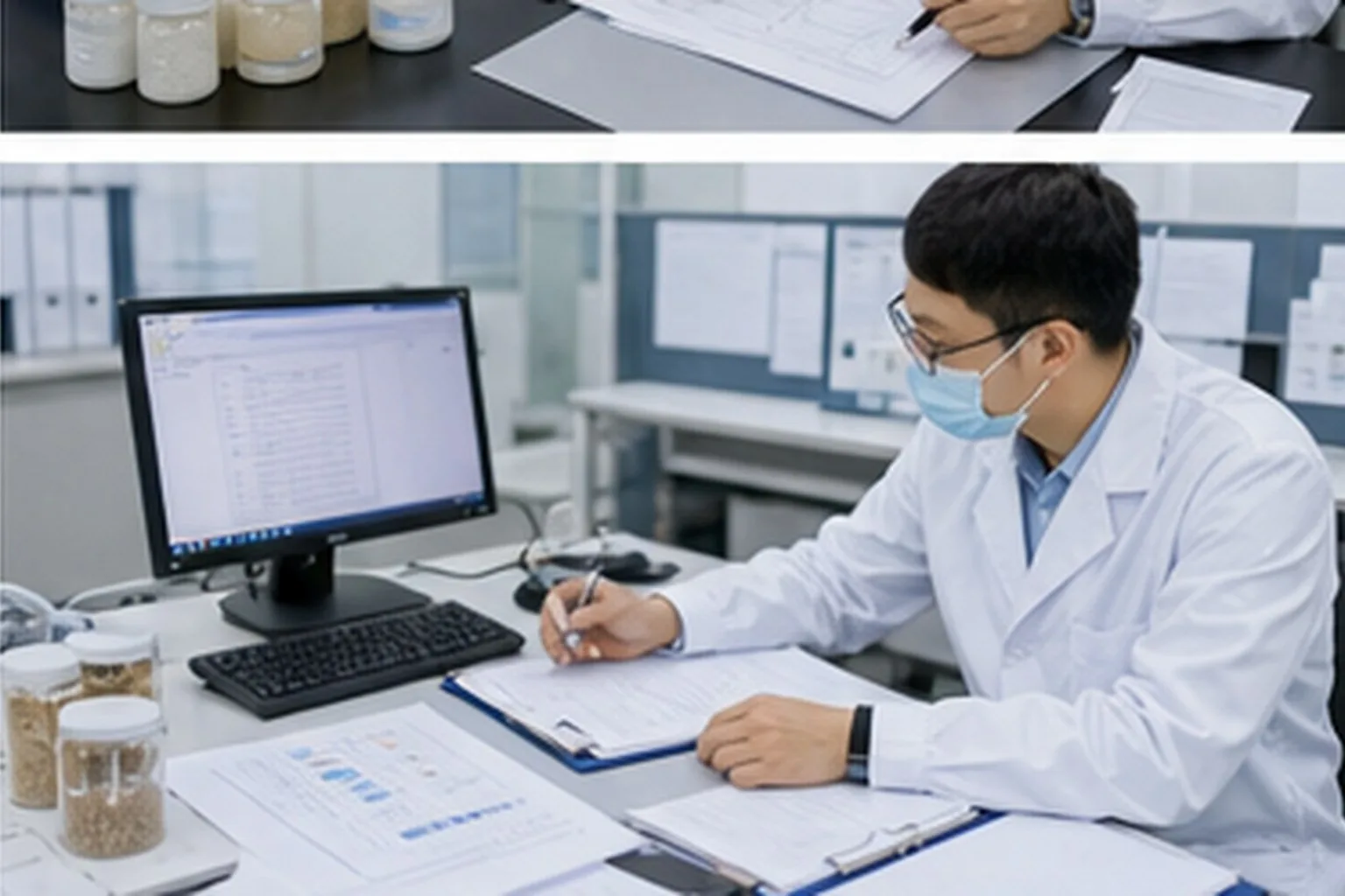 Amino acid and derivative warehouse and office team checking repeat order inventory and shipment records