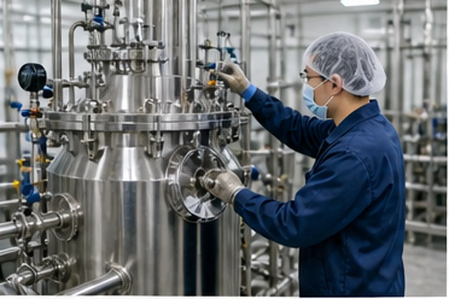 Functional ingredient operator checking stainless steel synthesis equipment in a clean ingredient production area