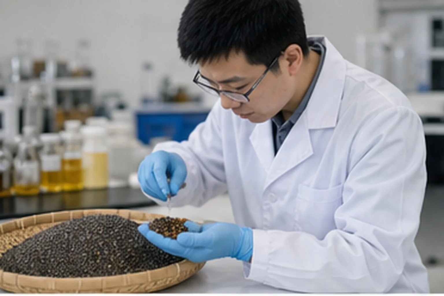 Functional oil oilseed raw material batch being checked for source and grade fit