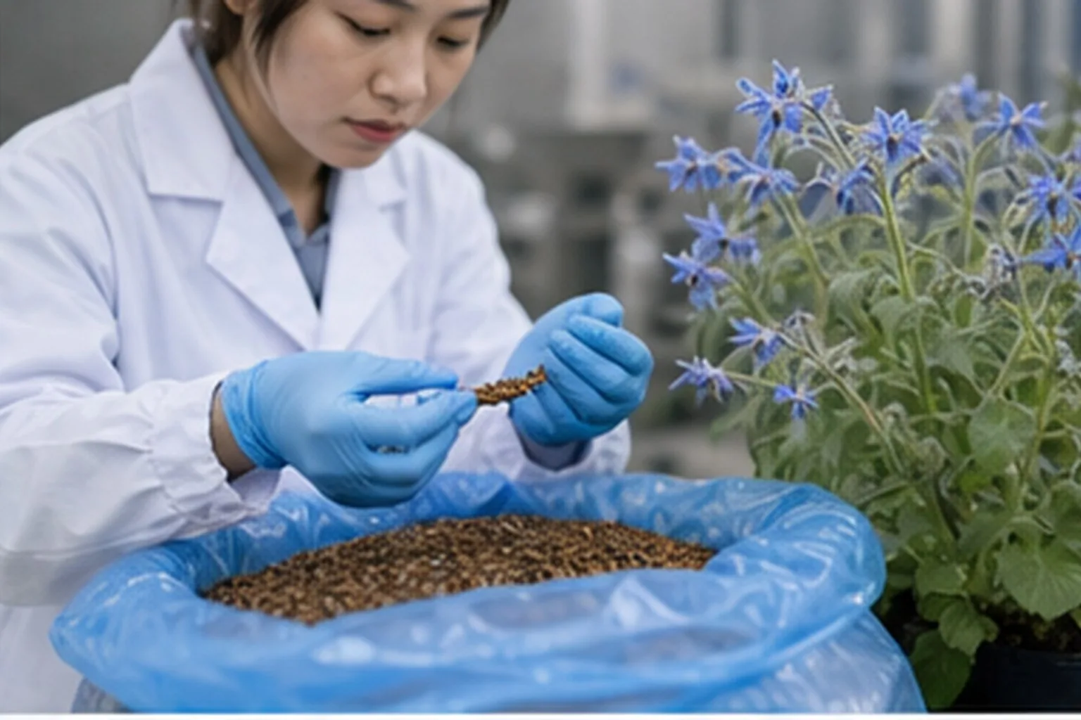 Functional oil technician reviewing botanical oil source materials for functional oil supply