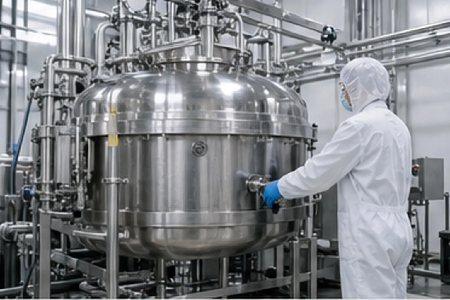 Functional oil operator checking stainless oil refining vessel during functional oil production