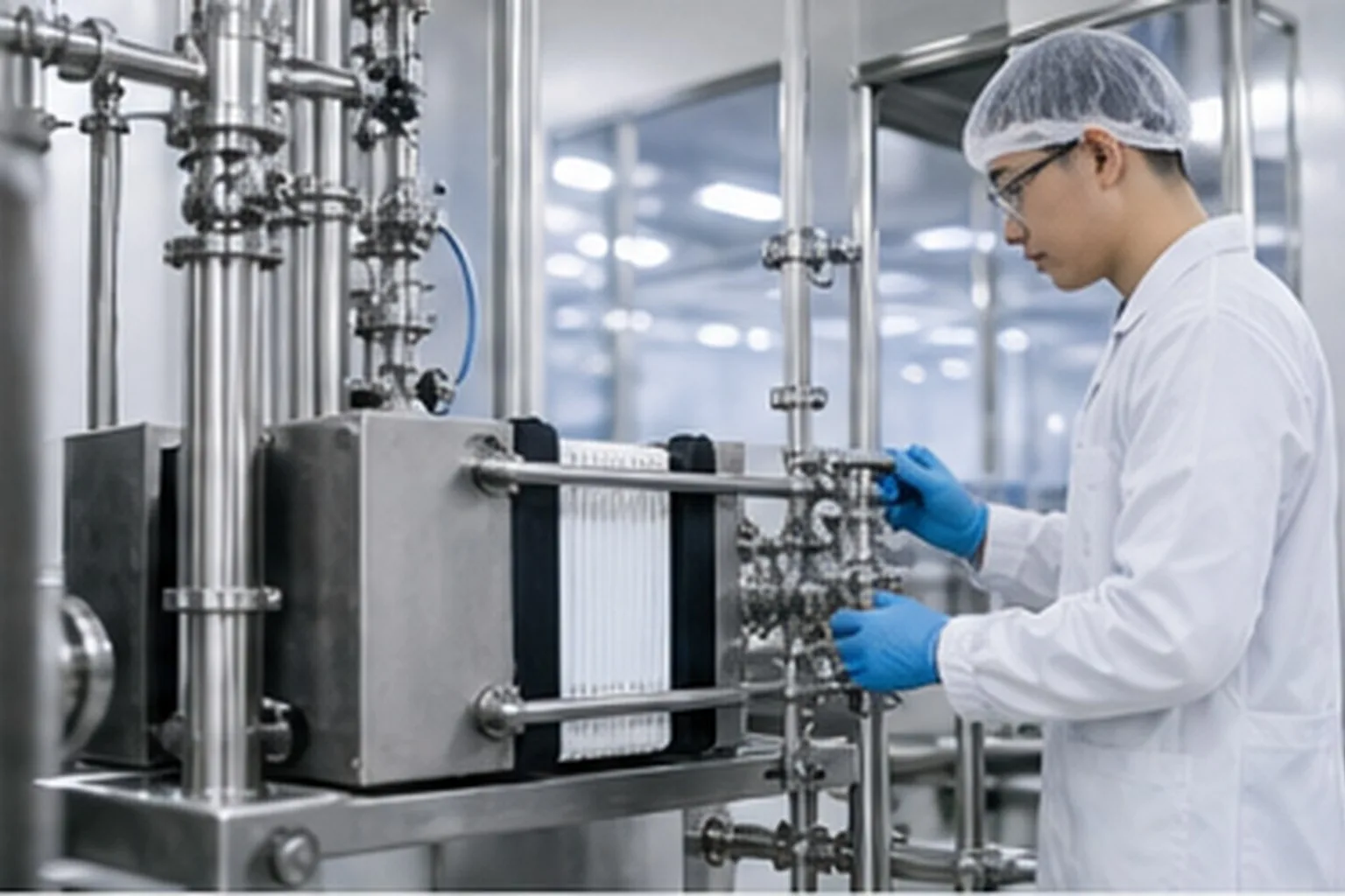 Functional oil technician monitoring oil filtration equipment for clean ingredient processing