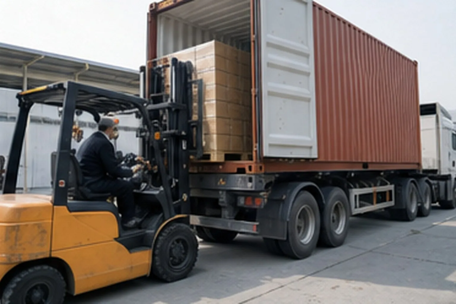 Functional oil forklift loading functional oil ingredient cartons into export container