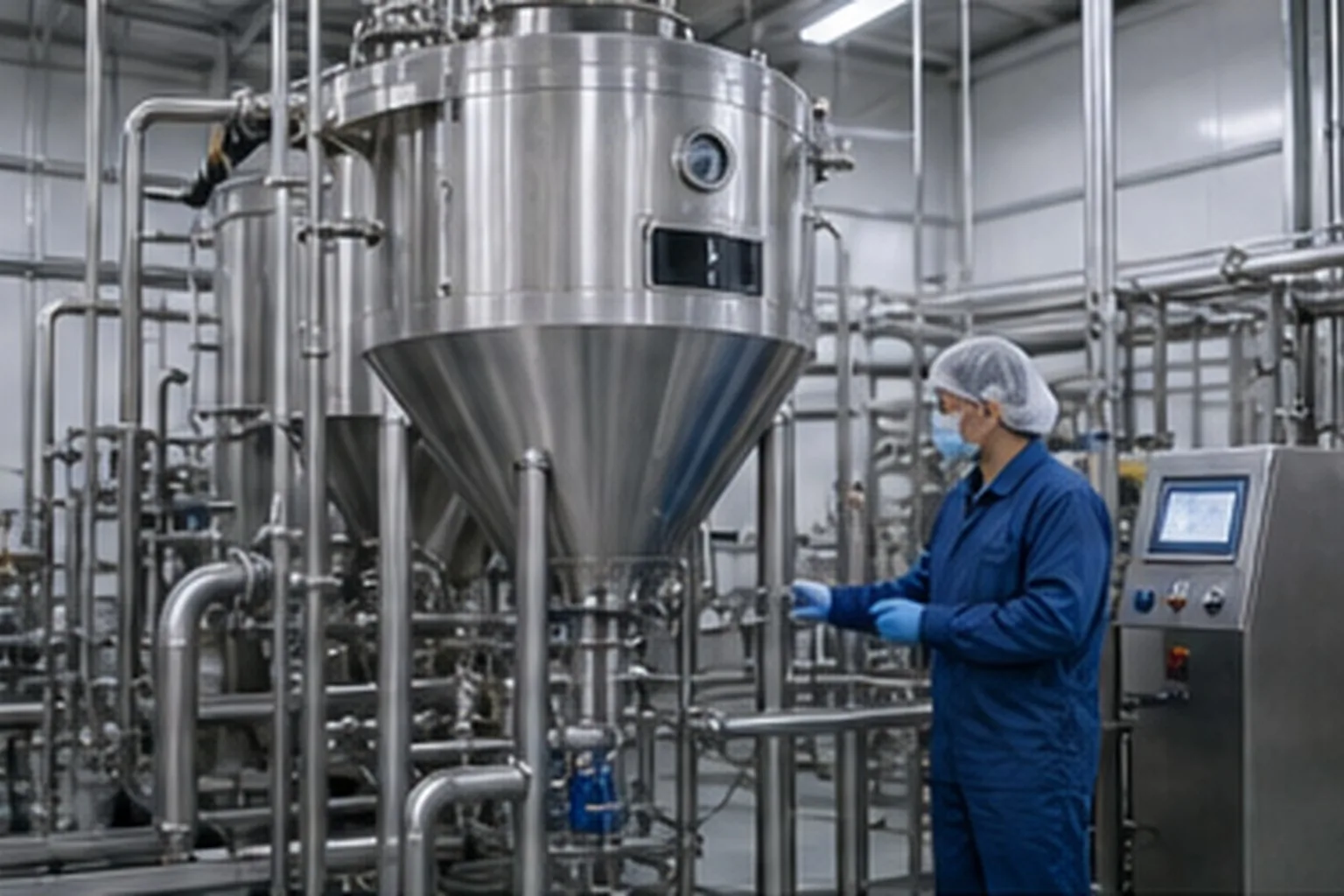 Fungal and fermentation ingredient production staff controlling spray drying and sealed packing for fermentation ingredients