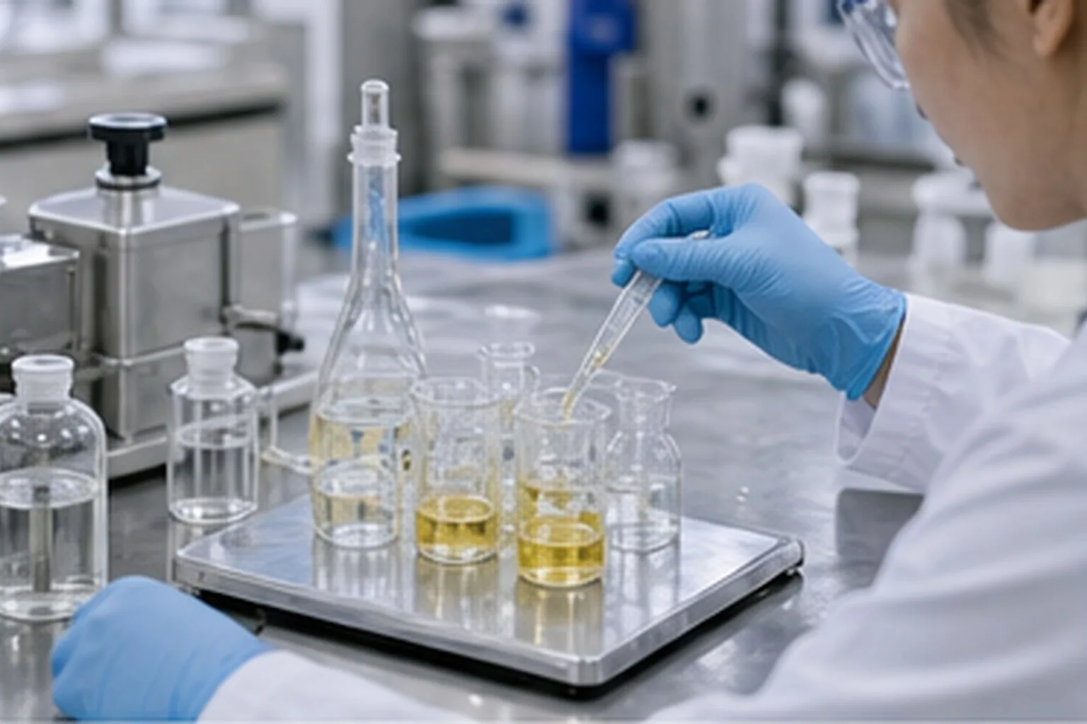 Liposomal ingredient technician pipetting liposomal active loading samples in a formulation lab