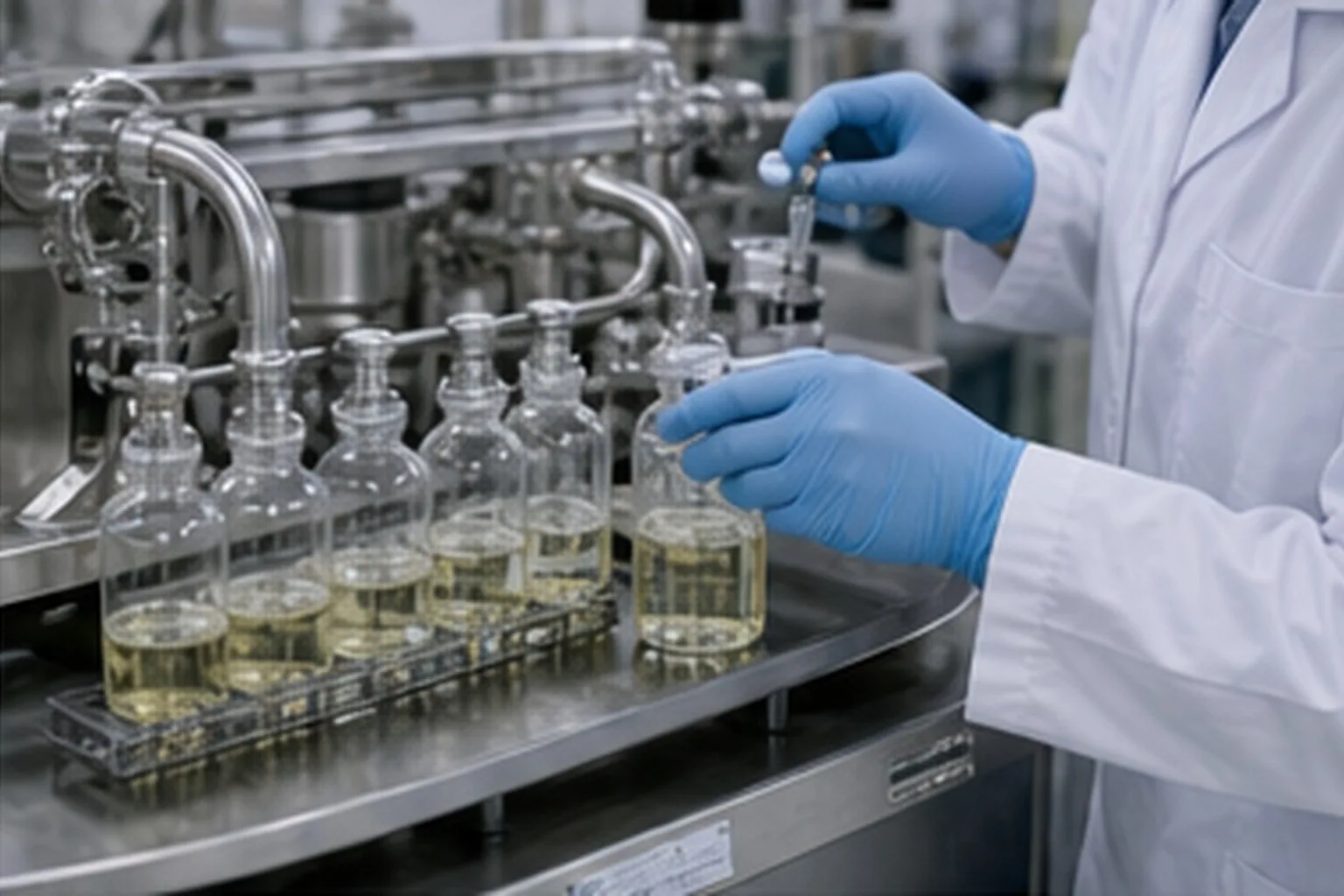 Liposomal ingredient technician handling sealed liposomal batch transfer in a clean production area