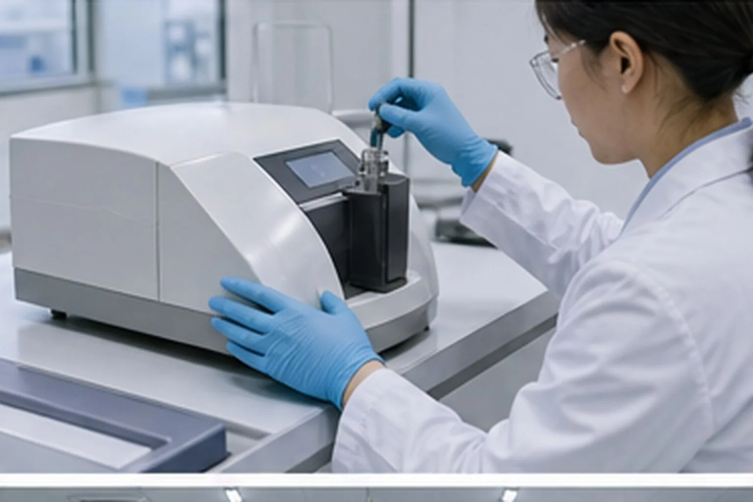 Liposomal ingredient technician testing liposomal dispersion quality with laboratory instrument