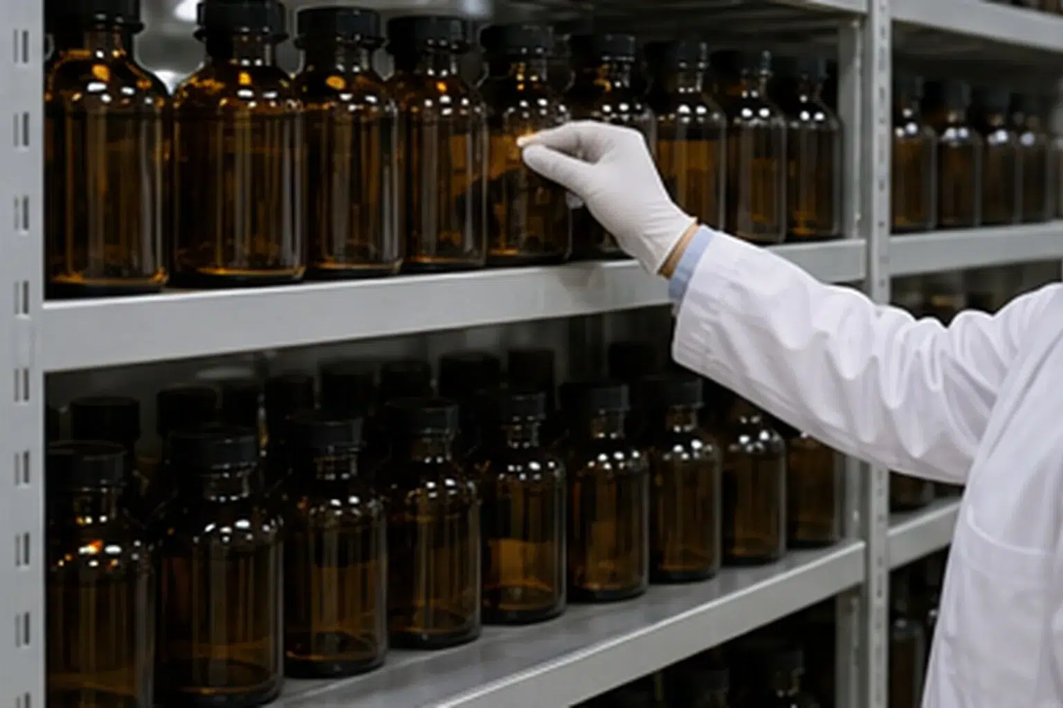 Liposomal ingredient amber sample bottles stored for protected liposomal ingredient stability review