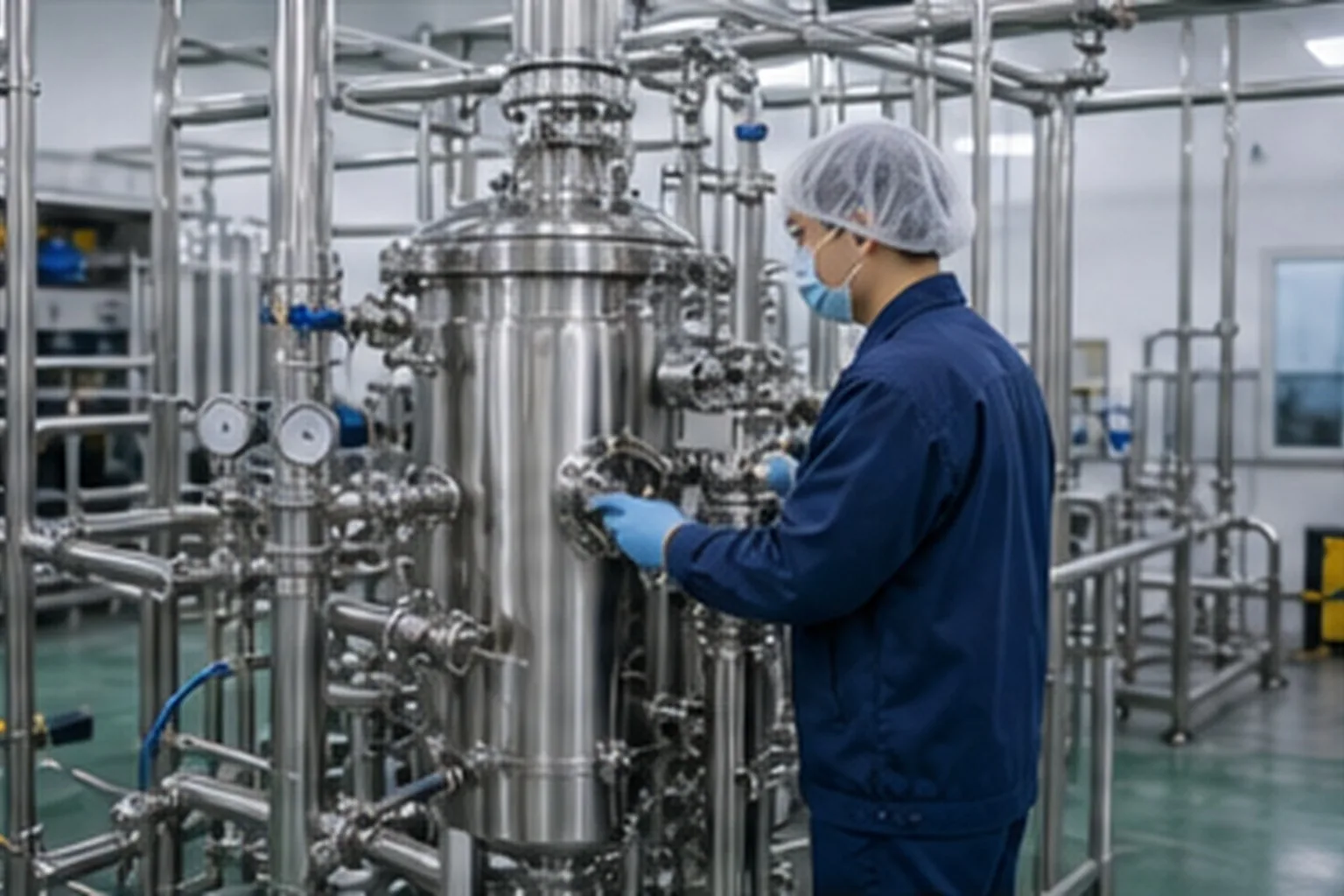 Botanical extract operator monitoring stainless steel botanical extraction tanks